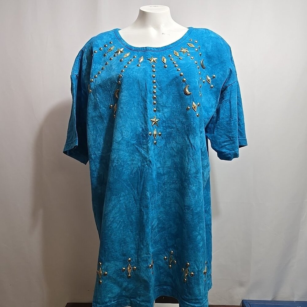 VTG Copa Cabana Bedazzled Tee Shirt Womens Size 2X Blue Tie Dyed 100% Cotton